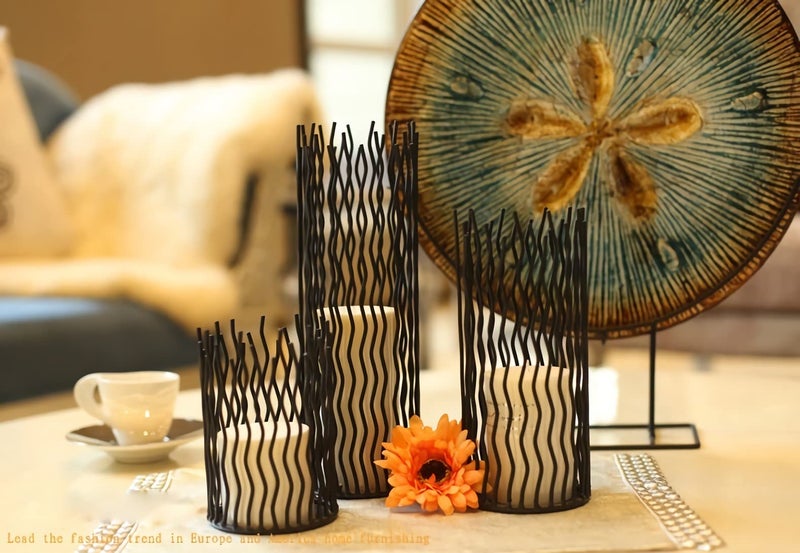 Lovecat Metal Wire Willow Pillar Candle Holder Set of 3, Creative Wire Cage Candleholder Set for Fireplace Mantel Decoration, 8/10/12 inch Black Tealight Lanterns for Table Centerpiece - Image 2